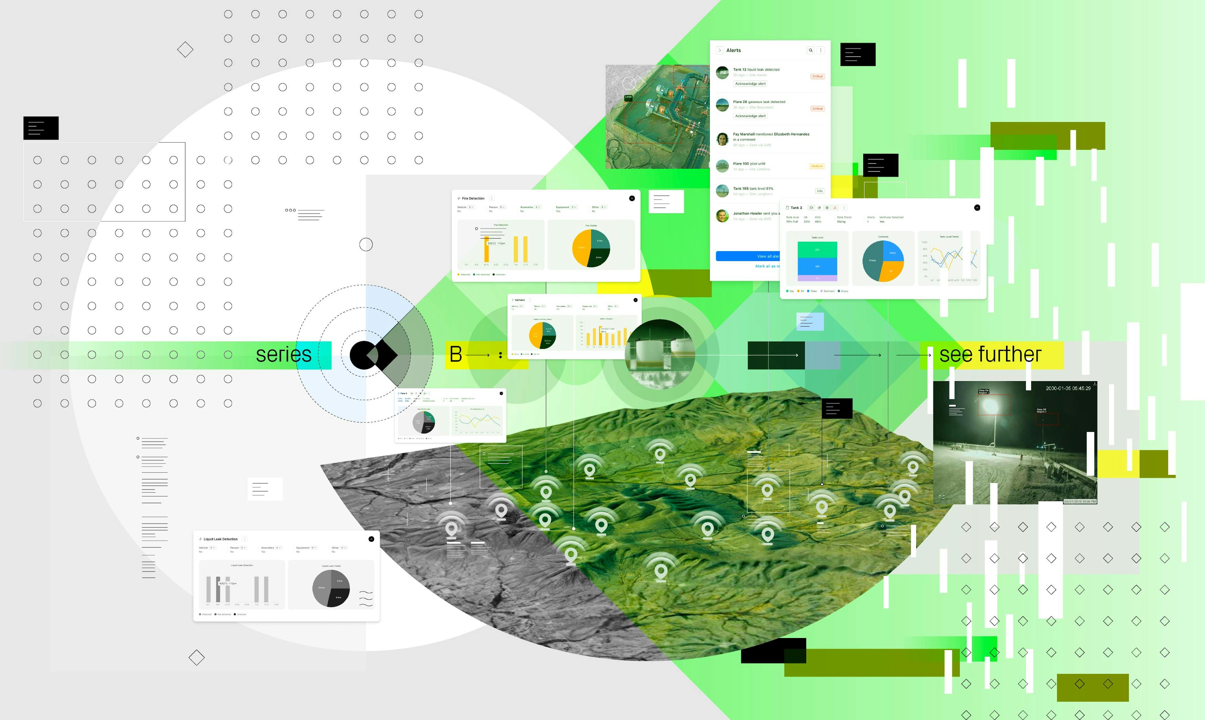 Abstract collage representing remote monitoring technology: overlays of dashboards, charts, satellite imagery, and network signals across a landscape, symbolizing data insights and connectivity in emissions monitoring.