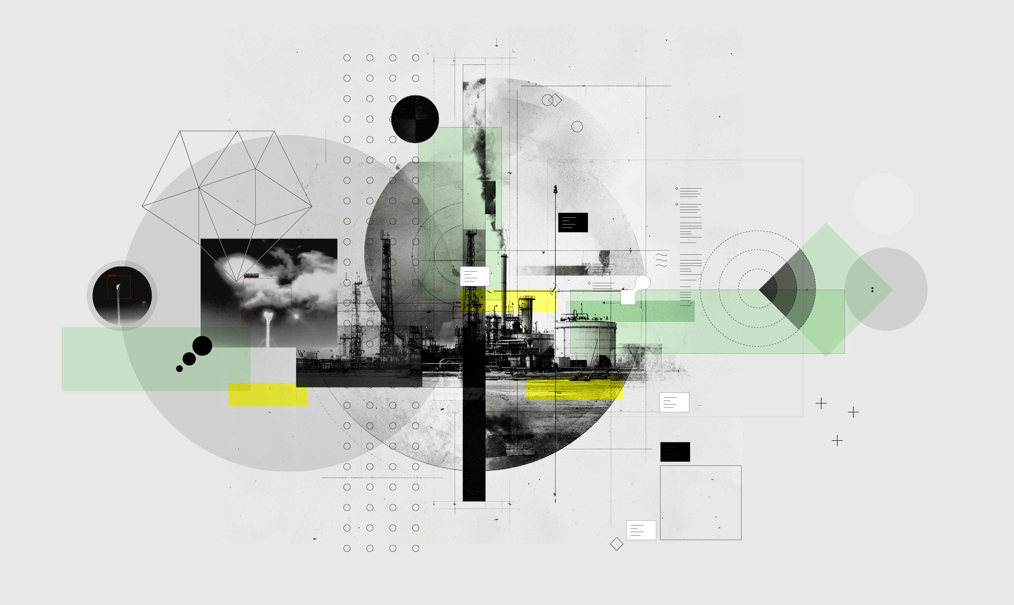 Abstract black-and-white constructivist collage depicting an oil and gas facility, overlaid with geometric forms, grids, and data-like visual elements. The artwork represents Bahrain’s evolving energy landscape and the intersection of technology, industry, and collaboration.