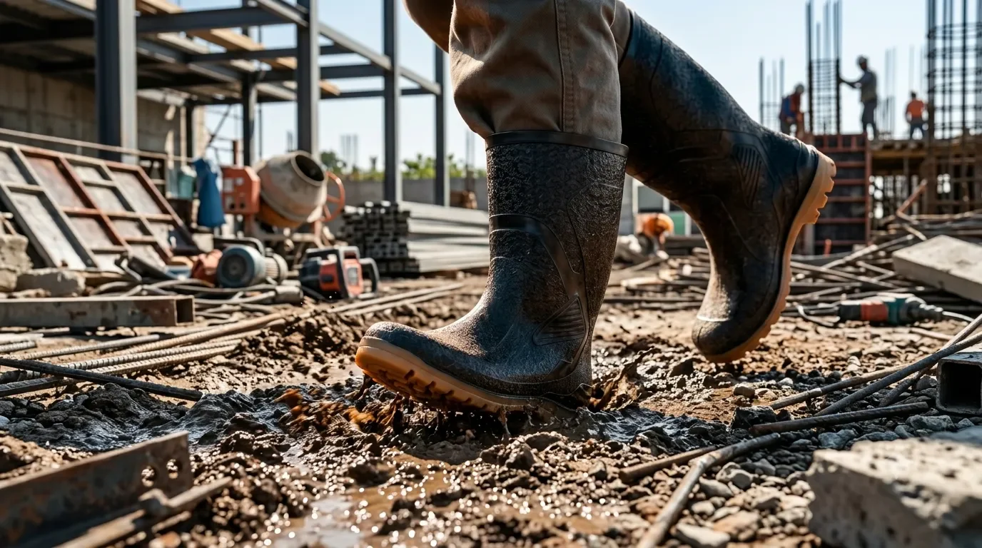 Langkah kaki di area proyek konstruksi berlumpur menggunakan sepatu boot Ando Boots pendek bertekstur hitam dengan sol tebal