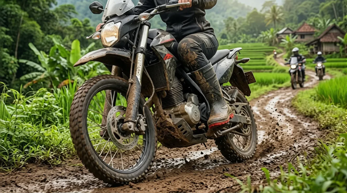 Pengendara motor trail menggunakan sepatu boot ando thor di jalan setapak yang berlumpur melalui persawahan hijau di Indonesia.