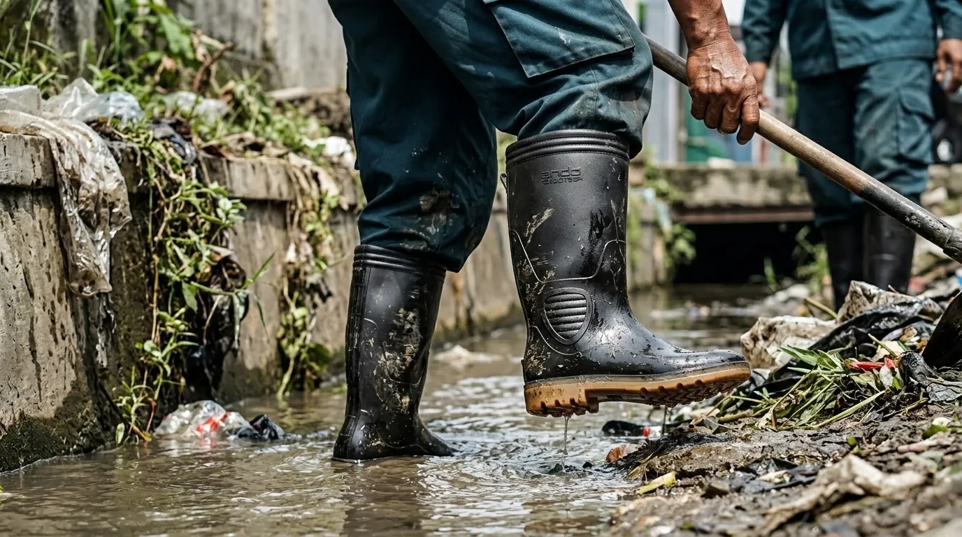 orang memakai ando boots dalam kegiatan sanitasi lingkungan