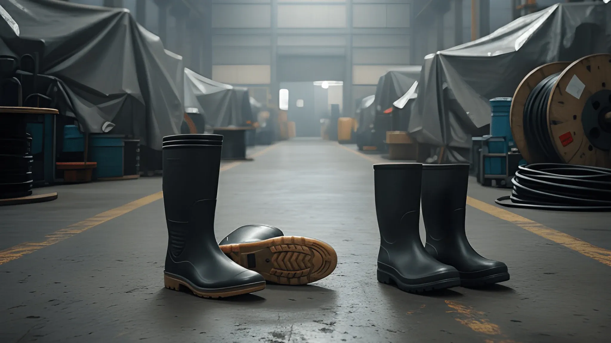 boot pvc dan boot karet dalam gudang ruangan