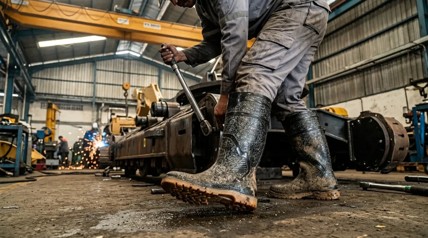 Pekerja pabrik manufaktur mengenakan sepatu boot Ando Boots hitam kotor berdebu saat mengencangkan baut mesin