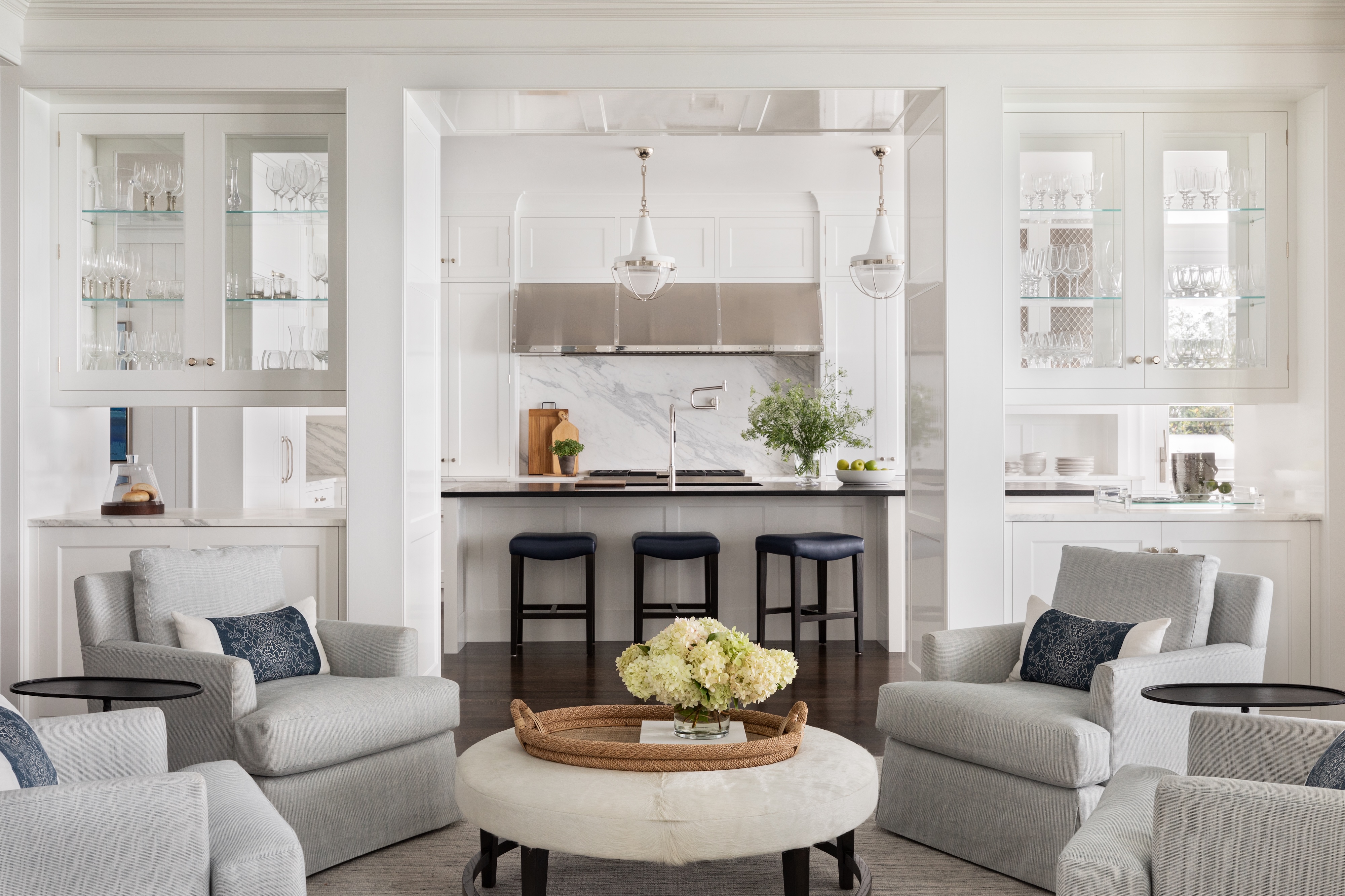 Andrea Goldman Luxury Interior Design Firm Chicago Coastal Residence Openplan Livingroom Kitchen