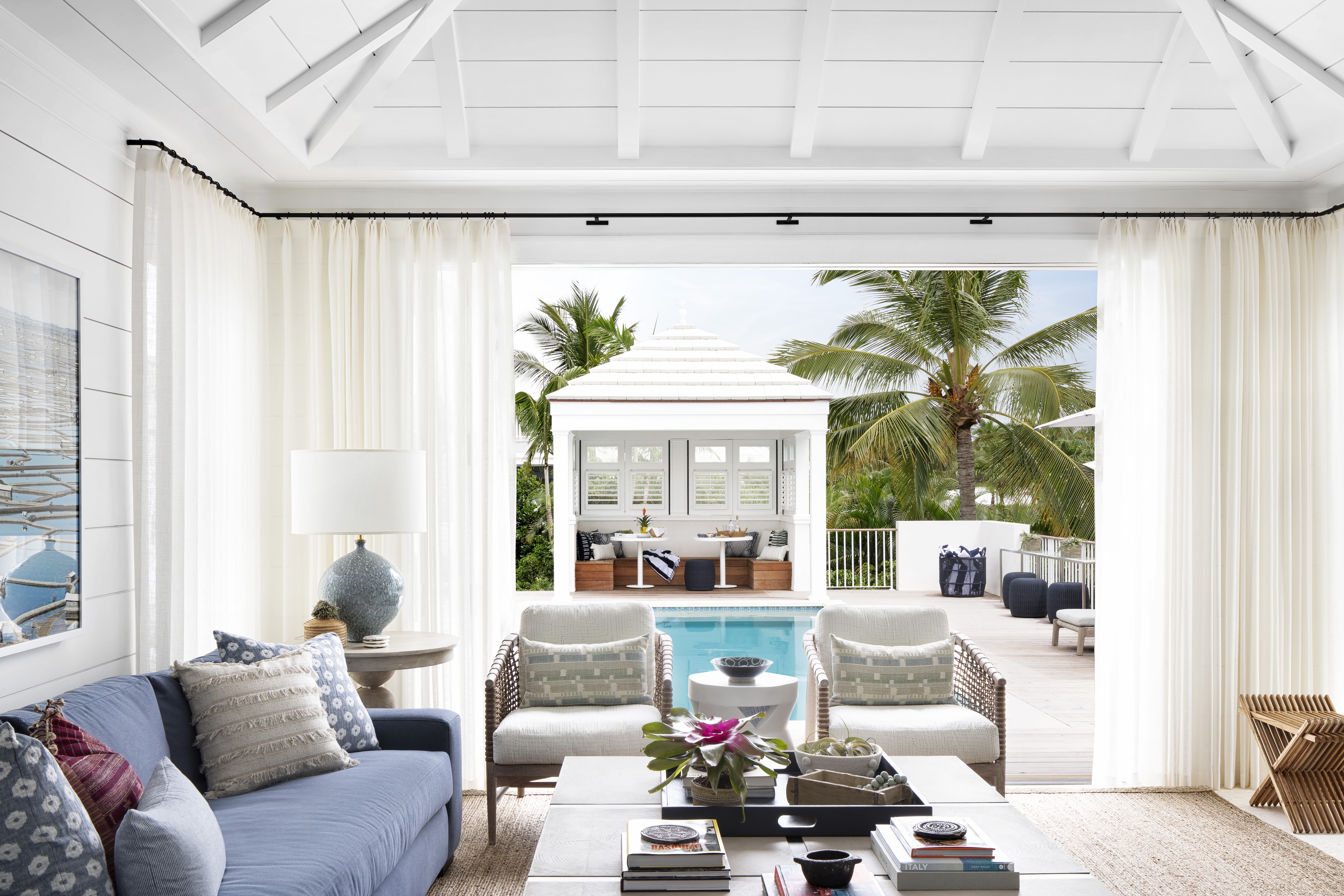 OC Andrea Goldman Luxury Interior Design Firm Chicago Floridian Guest House Openplan Livingroom Poolview