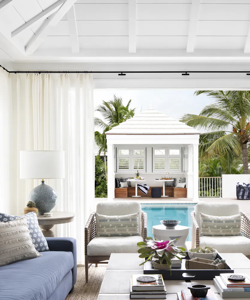 OC Andrea Goldman Luxury Interior Design Firm Chicago Floridian Guest House Openplan Livingroom Poolview