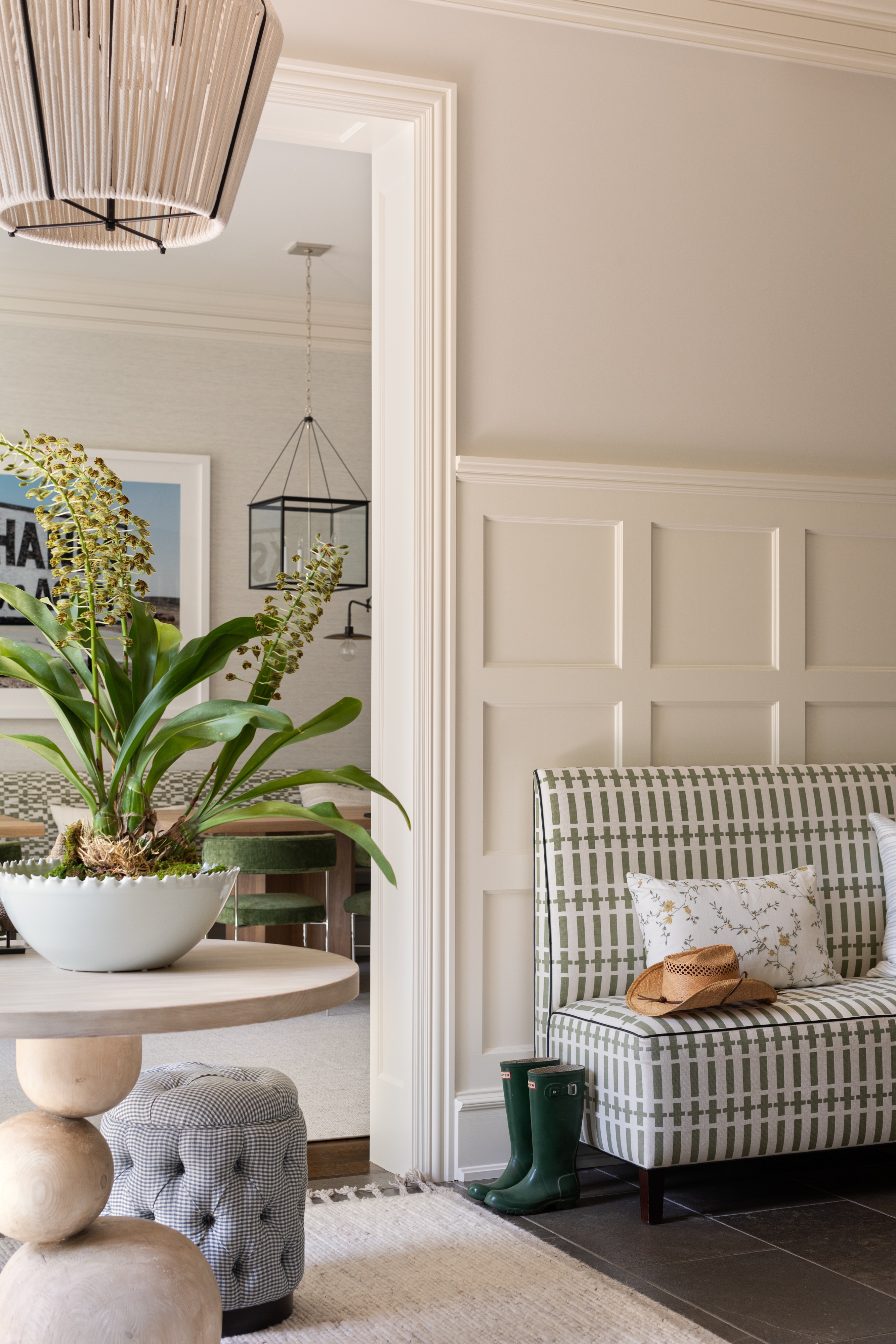 PT Andrea Goldman Luxury Interior Design Firm Chicago Glencoe Retreat Foyer Table Sofa