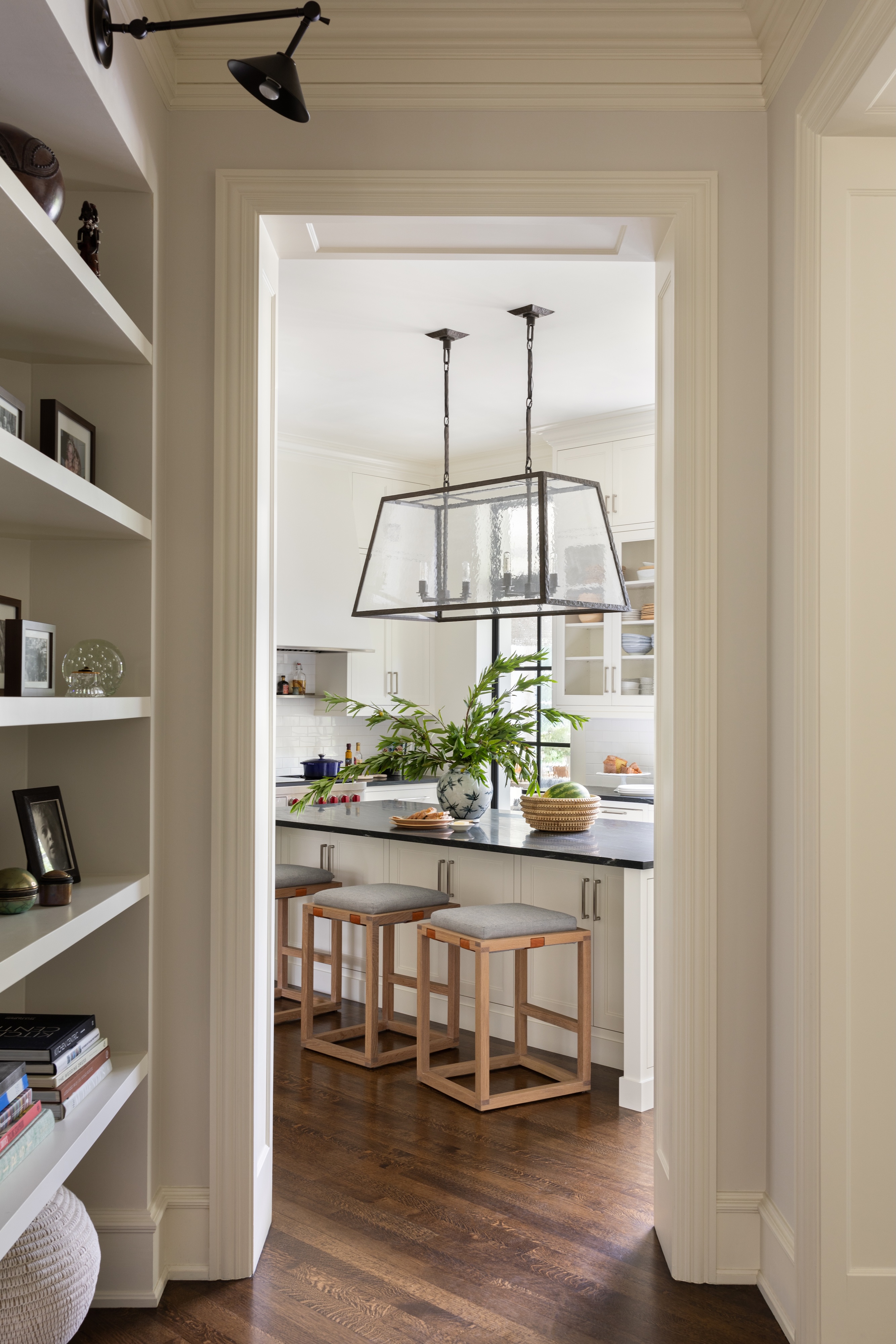 Pb Andrea Goldman Luxury Interior Design Firm Chicago Glencoe Retreat Kitchen View form Hallway