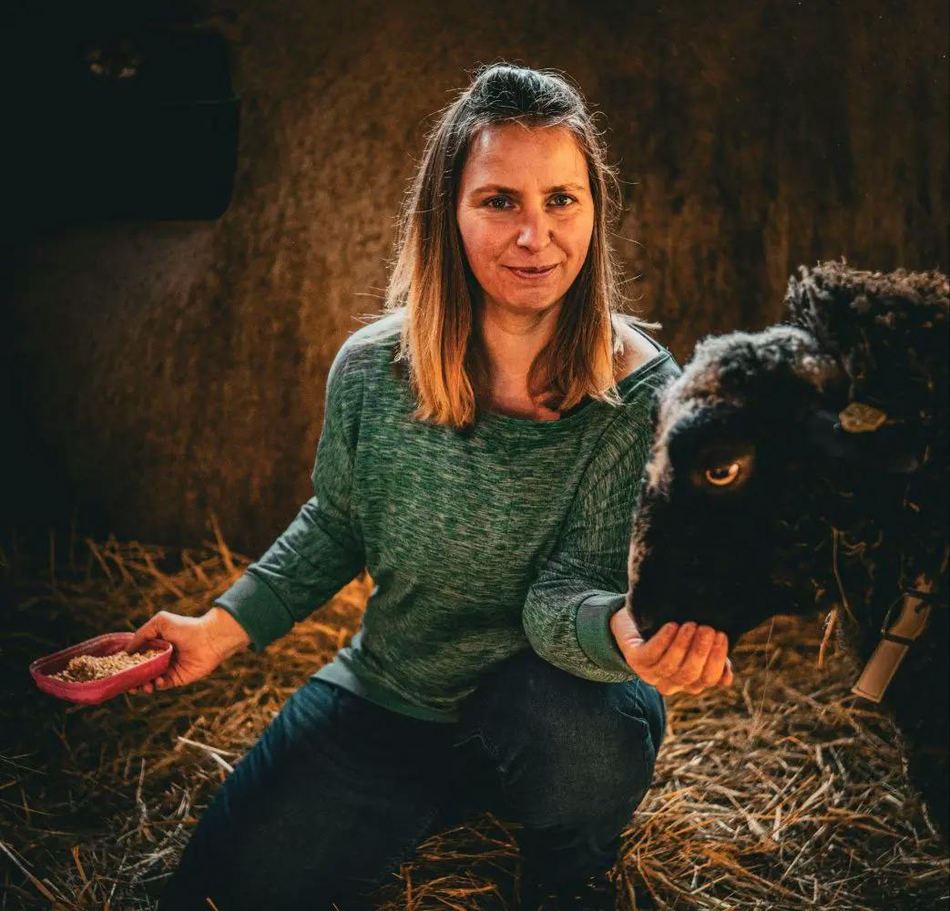 Bild von mir, wie ich in meinem Stall die Schafe füttere