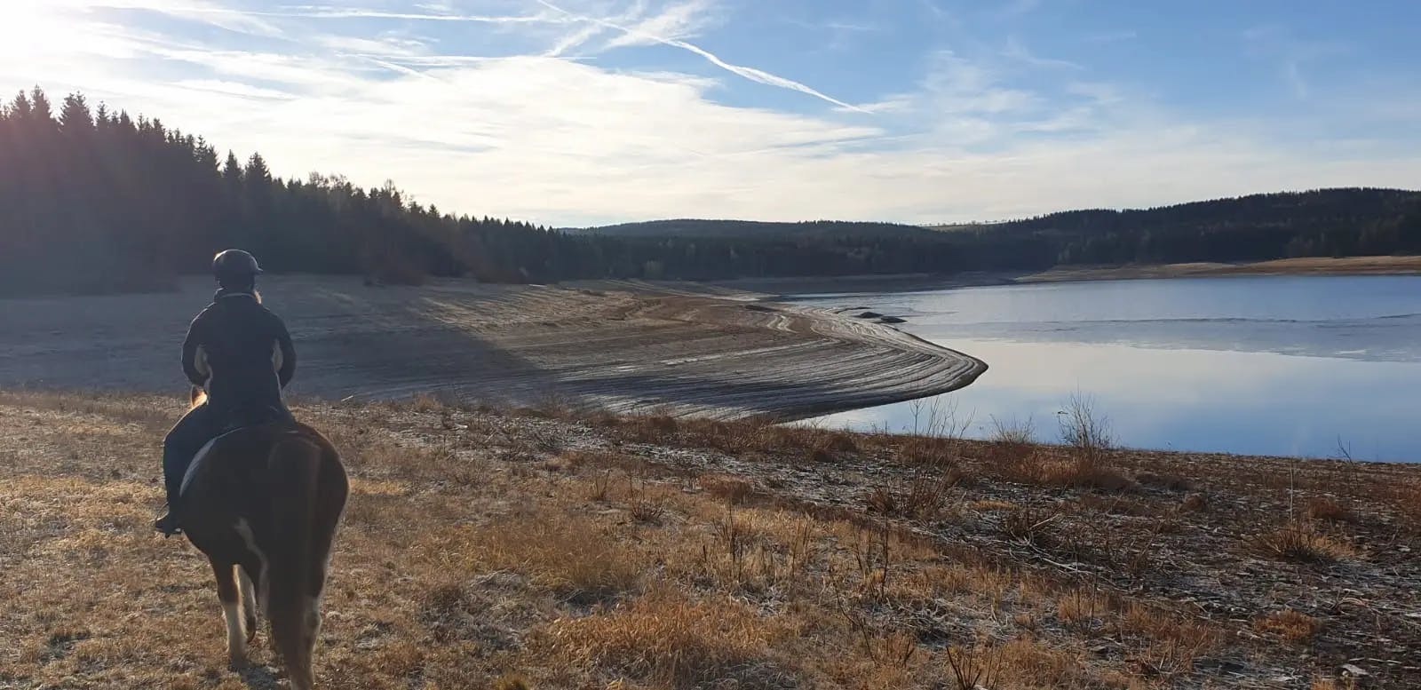 Reiter mit Pferd an einem Teich, Stimmungsbild