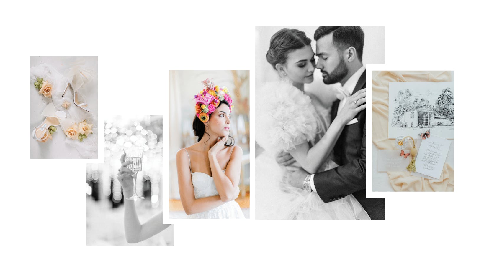 Collage von Brautschuhe Jimmy Choo, Champagnerglas, Wunderschöne Braut, verliebtes Brautpaar & Zeichnung einer Hochzeitslocation in Wolfsburg