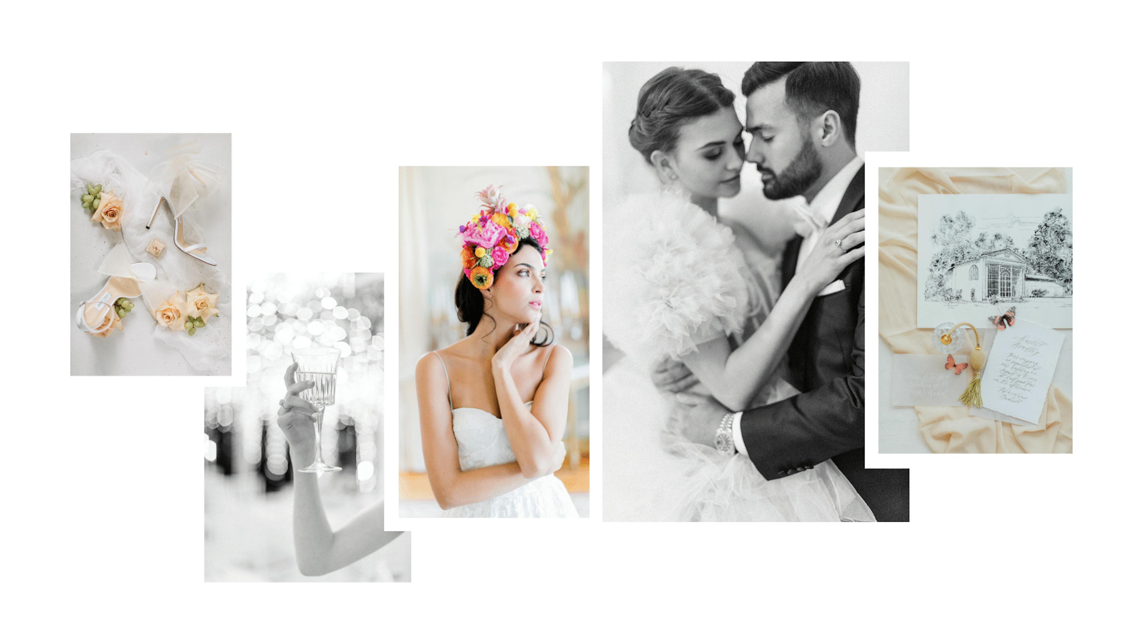 Collage von Brautschuhe Jimmy Choo, Champagnerglas, Wunderschöne Braut, verliebtes Brautpaar & Zeichnung einer Hochzeitslocation in Wolfsburg