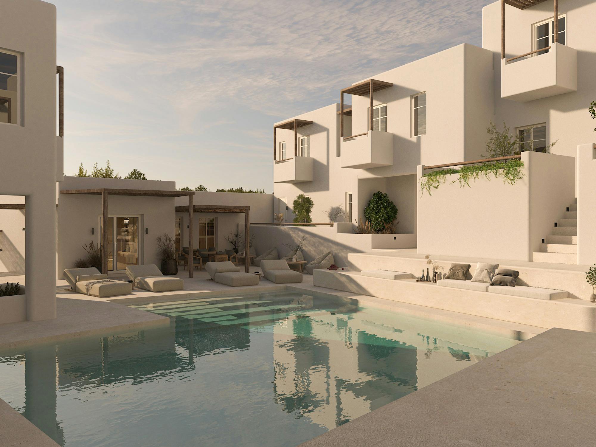 the internal garden with the swimming pool