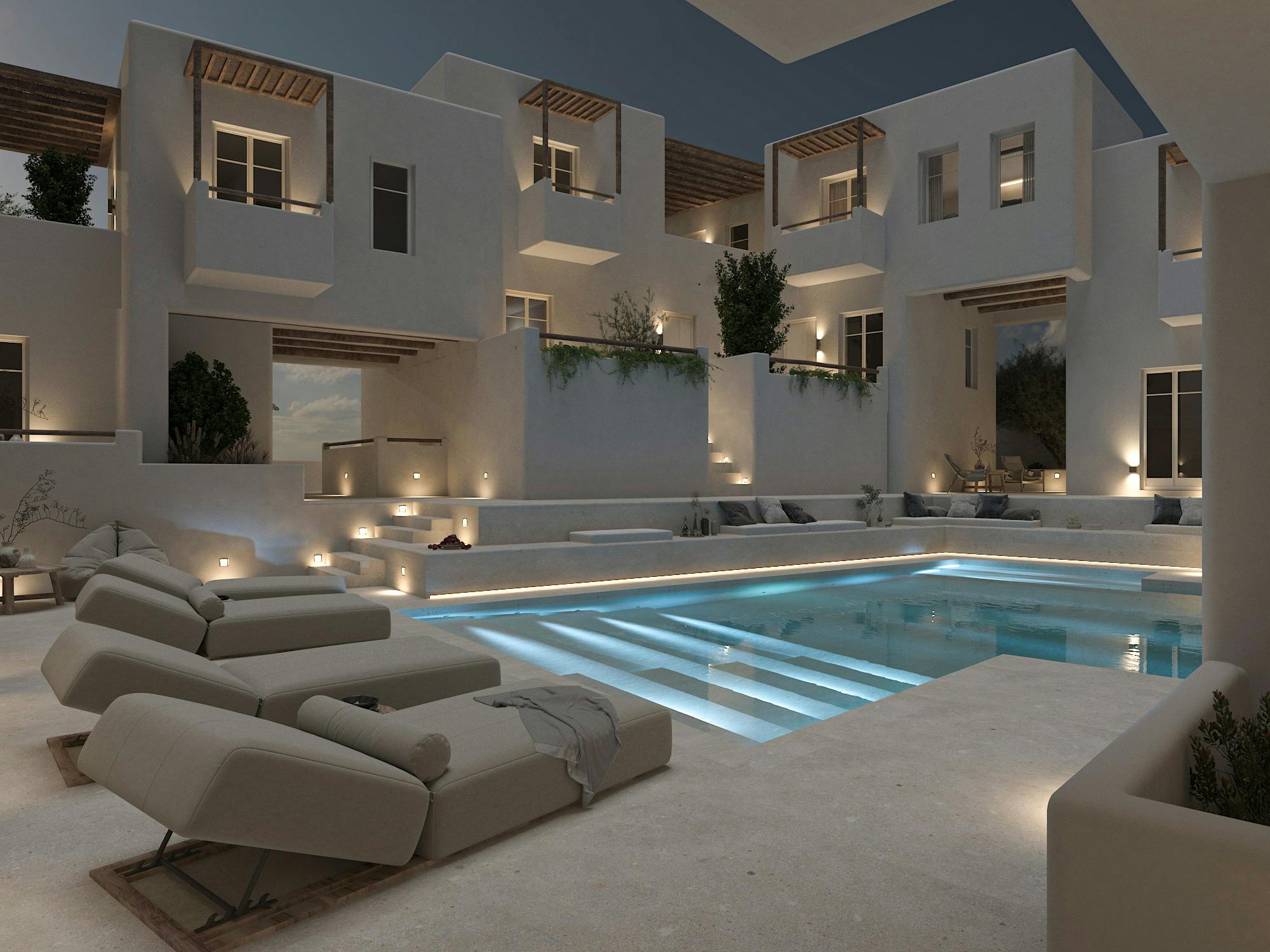 the internal garden with the swimming pool
