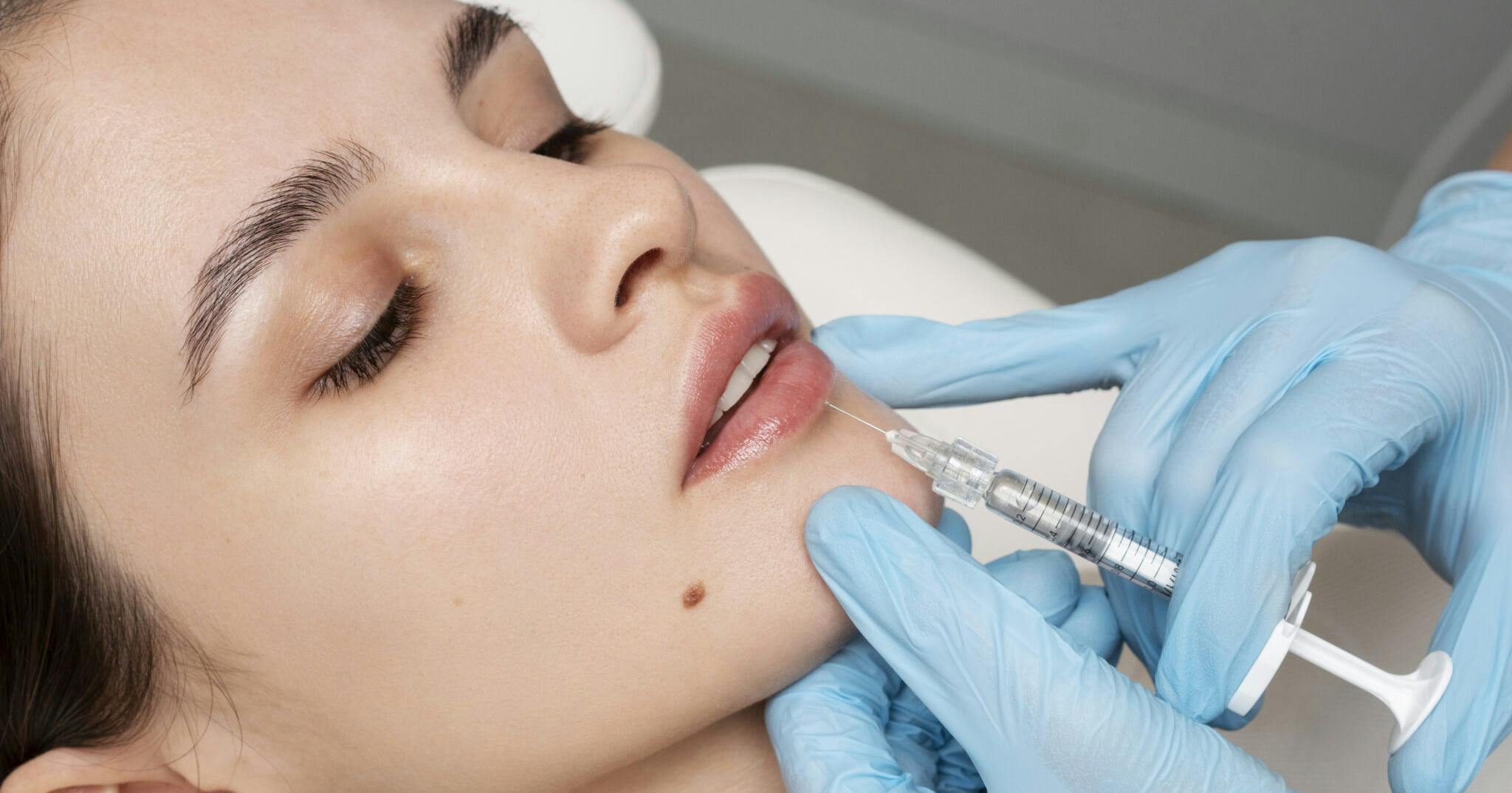 A female patient receiving lip dermal filler treatment