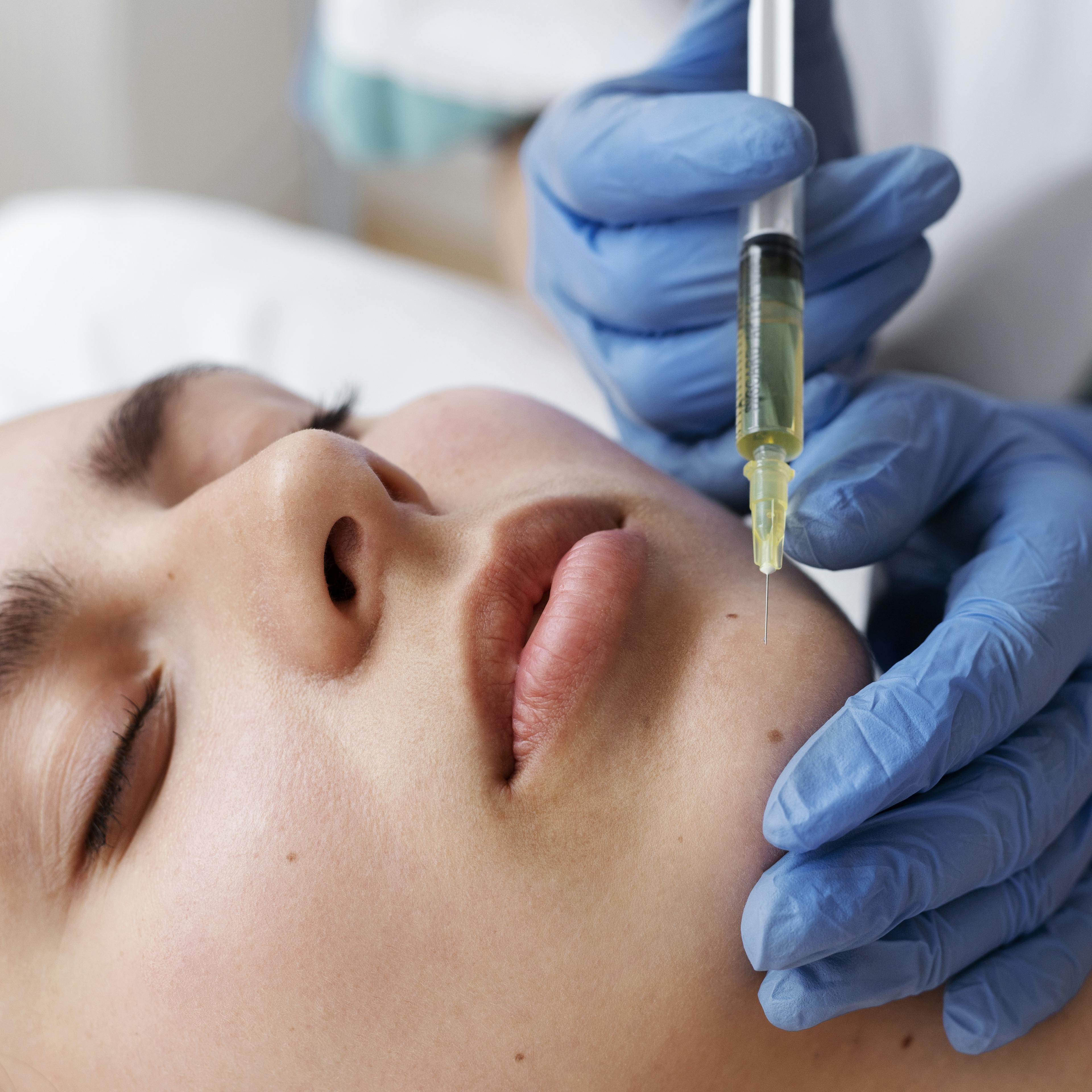 A female patient receiving chin filler treatment