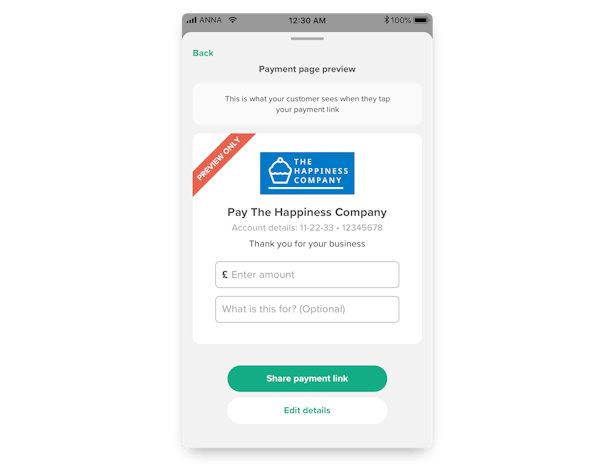 Your personal payment page preview in the ANNA app