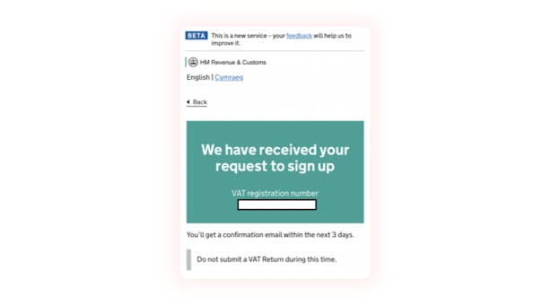 HMRC's sign up confirmation screen