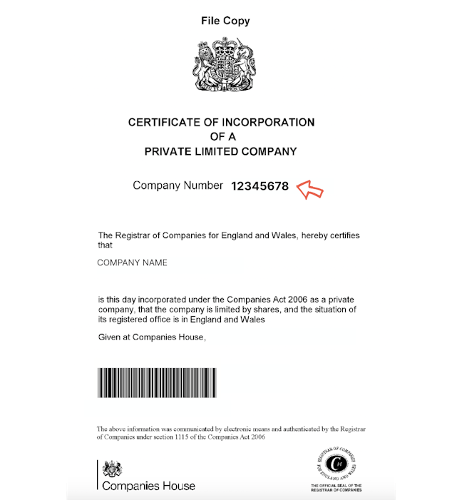 Example of the Certificate of Incorporation with Company Number (CRN)