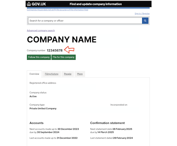 Example of a CRN shown on Companies House website