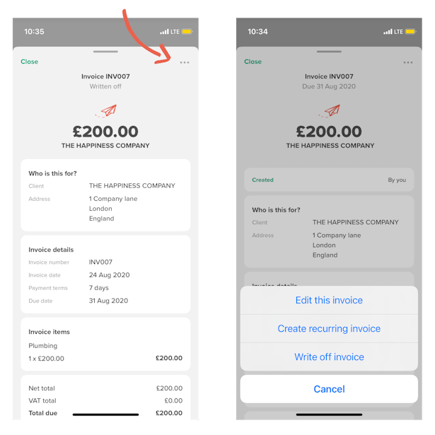 To write off an invoice, tap it and find the 3 dots menu at the top right hand corner