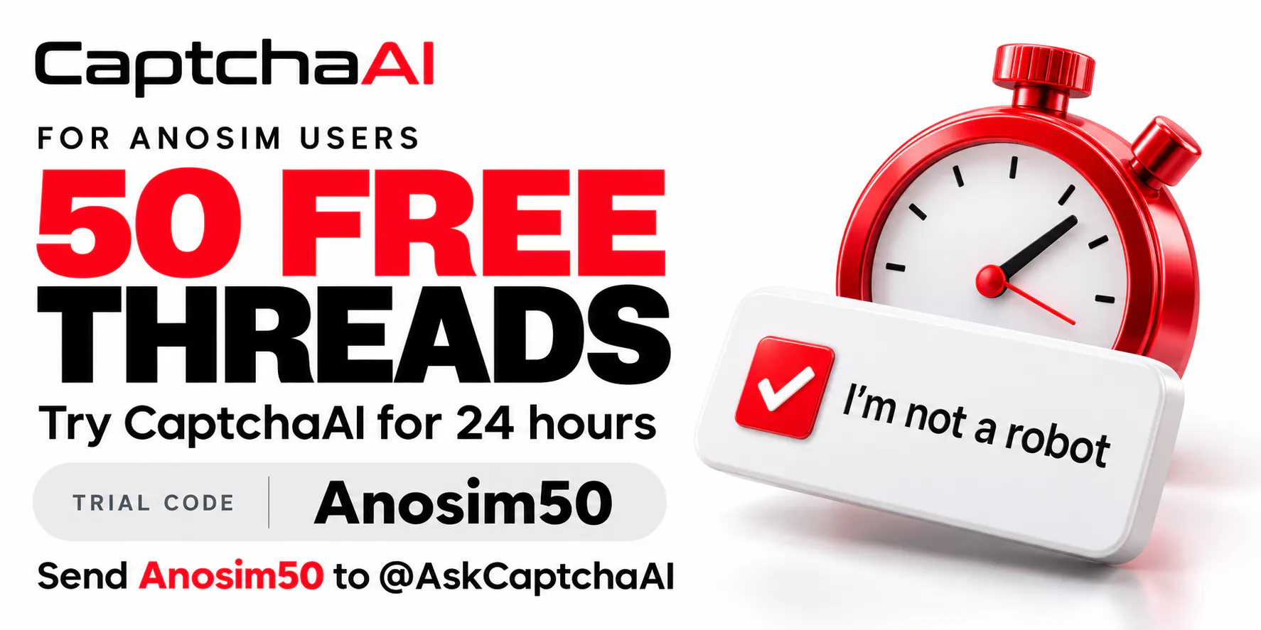 50 бесплатных потоков CaptchaAI на 24 часа для пользователей Anosim с пробным кодом Anosim50