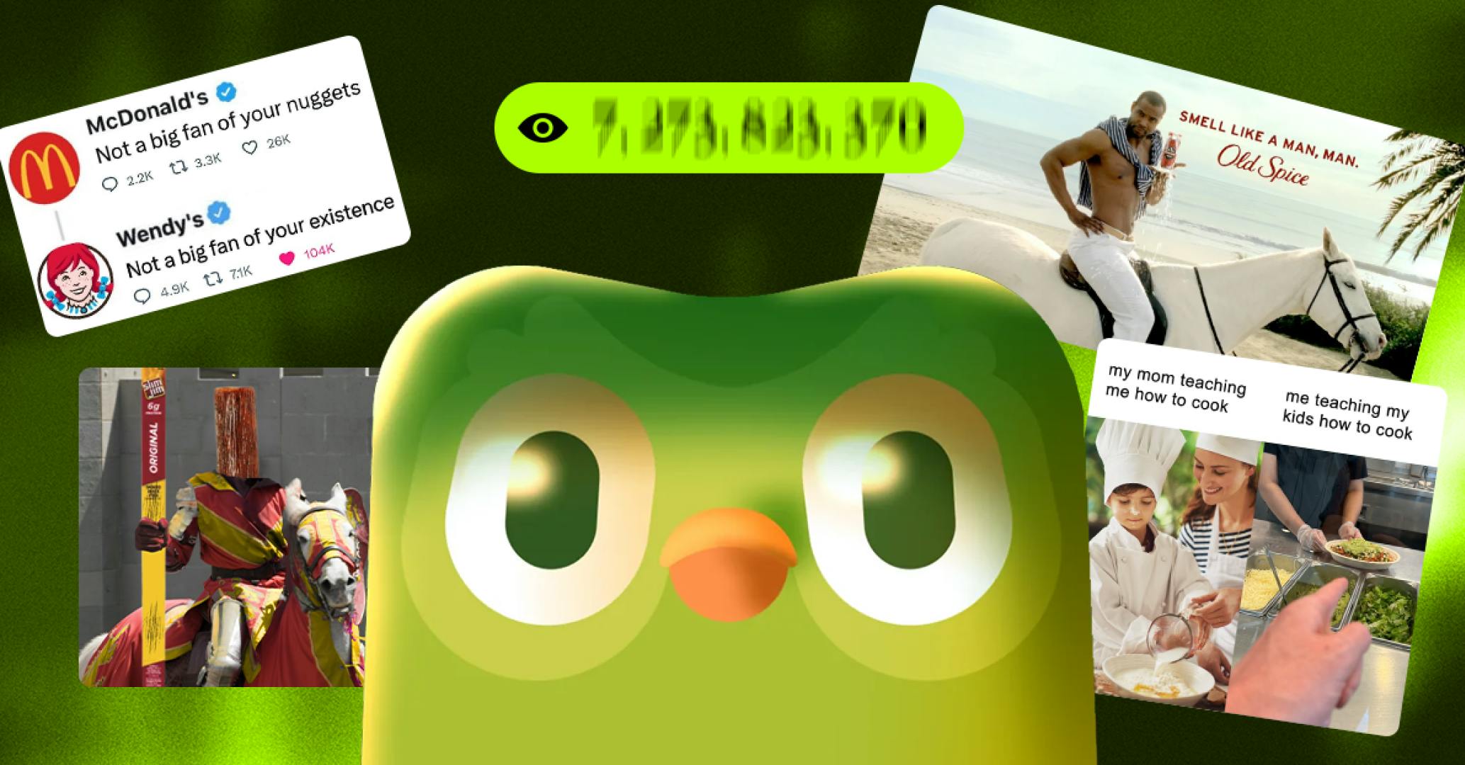 Duolingo owl with some unhinged brand social examples