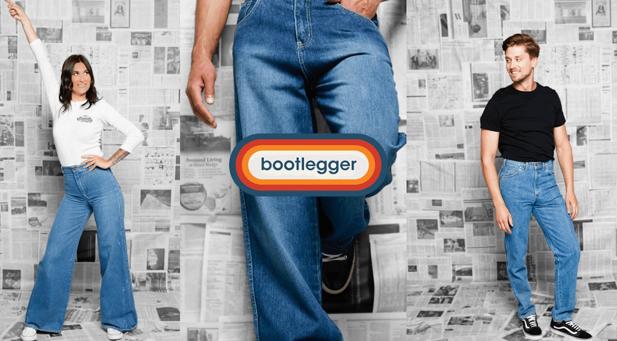 Bootlegger logo with three people posing in jeans 