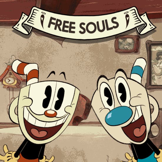 Cuphead smiling with the text Free Souls written above in a banner
