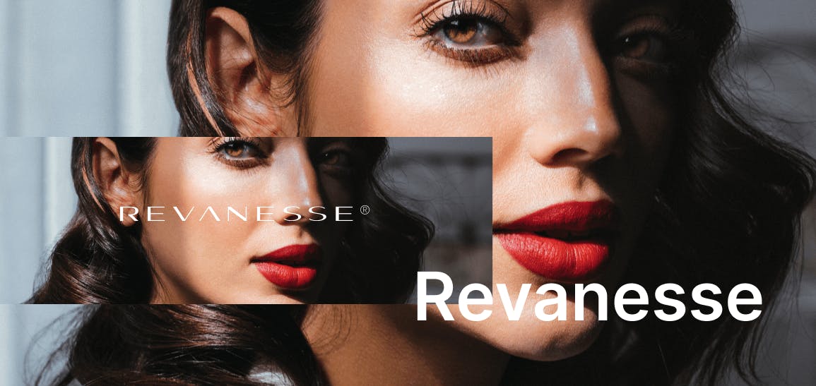 Revanesse logo with a woman wearing Revanesse makeup