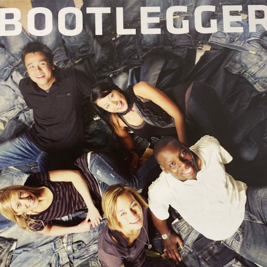 Bootlegger logo with four people laying down, staring up into the camera