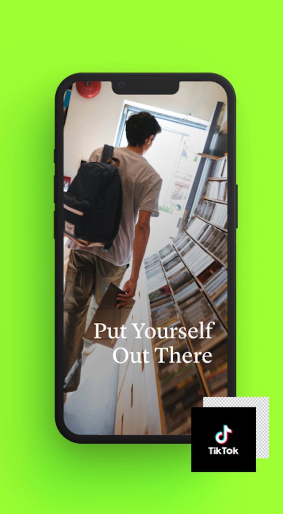 iPhone showing a man wearing a backpack with the text put yourself out there