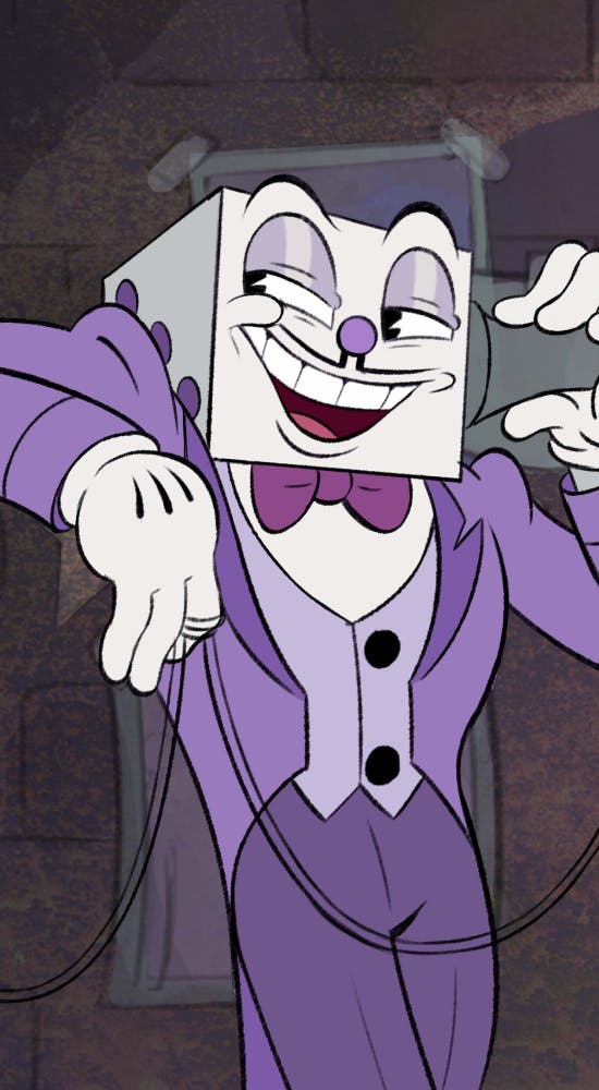 A Cuphead character with dice for a head wearing a purple suit