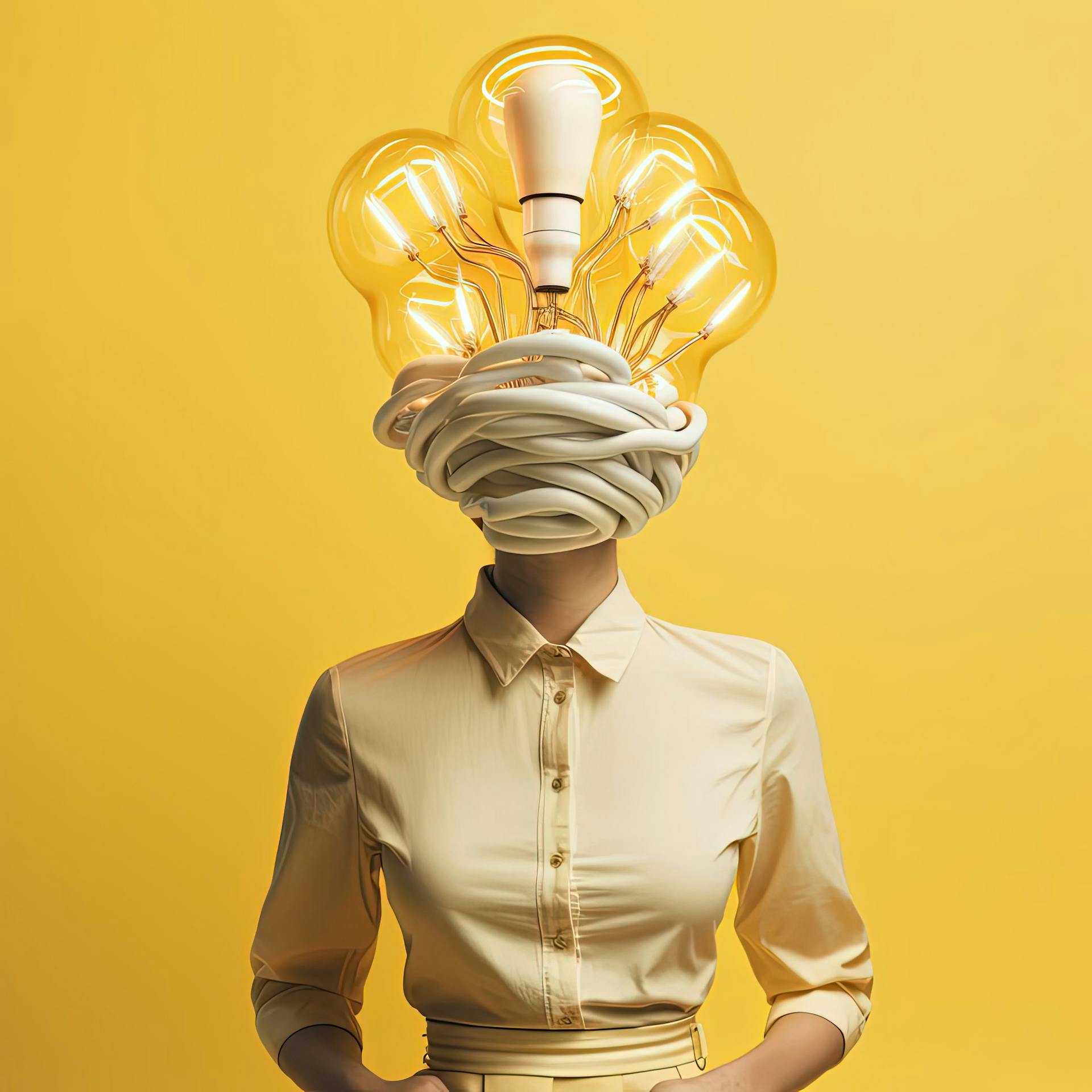 a person with a light bulb in their head in the style of balanced composition