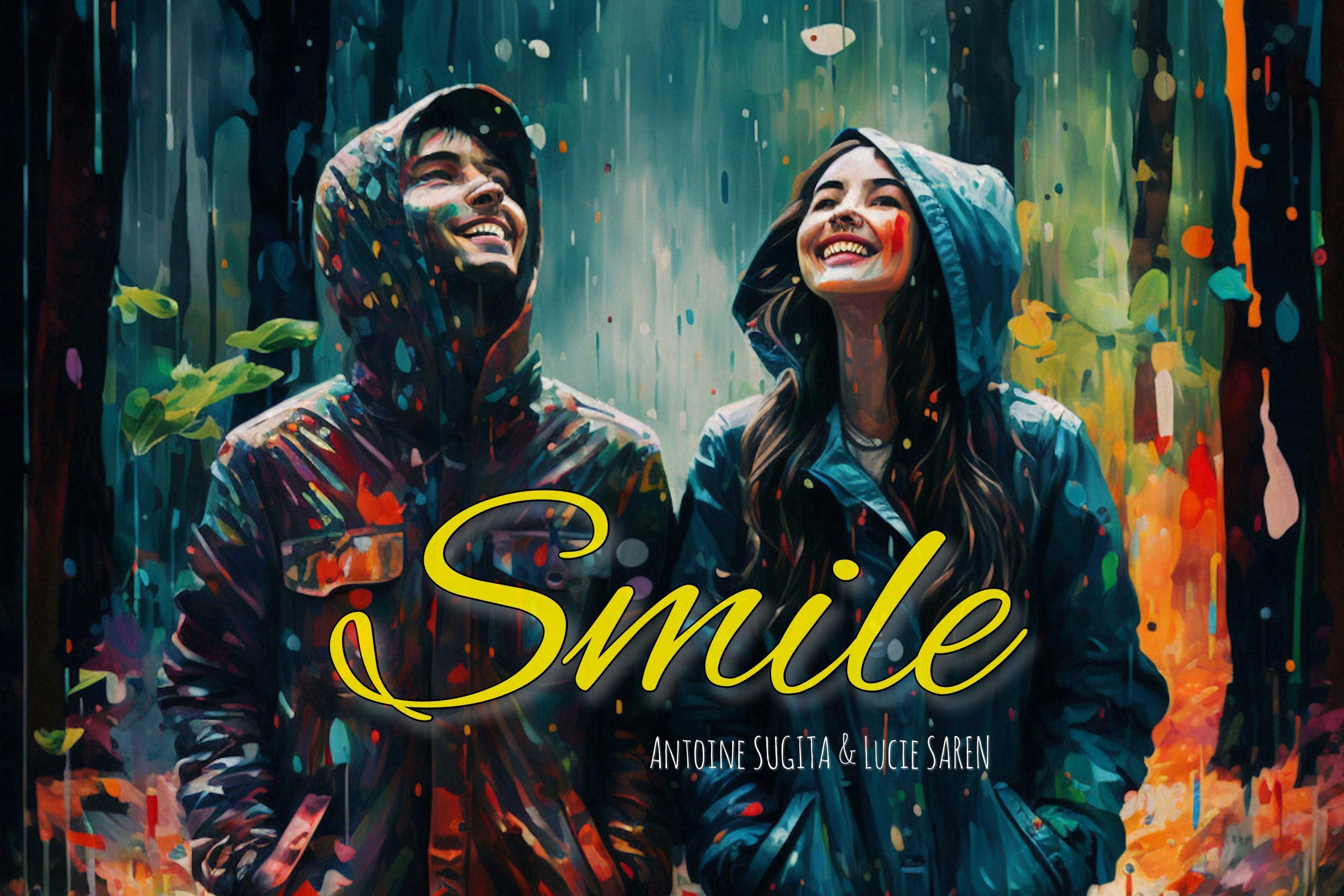 Photo de couverture de la pochette du single, deux personnes sous le pluie dans la forêt avec un sourire