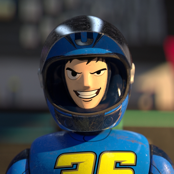 3D rendering of Spanish Moto GP racer 36 Joan Mir Mayrata looking straight at the camera. Head and shoulders visible.