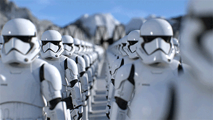 Looping 3D animation of Star Wars stormtroopers standing in formation, camera zooming out. Helmets and torso visible.
