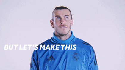 Looping gif of footballers Gareth Bale & Marcelo Vieira wearing blue Adidas kit look around in wonder. Text reads: But let's make it harder. Faces and hands visible.