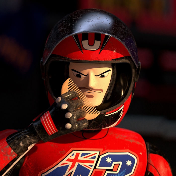 3D rendering of Australian Moto GP racer 43 Jack Peter Miller holding a hair comb in his right hand and looking at it with a serious expression on his face. Head, shoulders and hand visible.