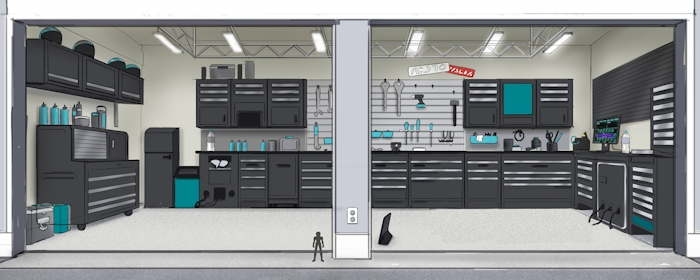 Sketch of a Moto GP garage. Equipment on the floor, on and along the walls. Toy character in front. 3 walls, lights on the ceiling visible. Wide shot.