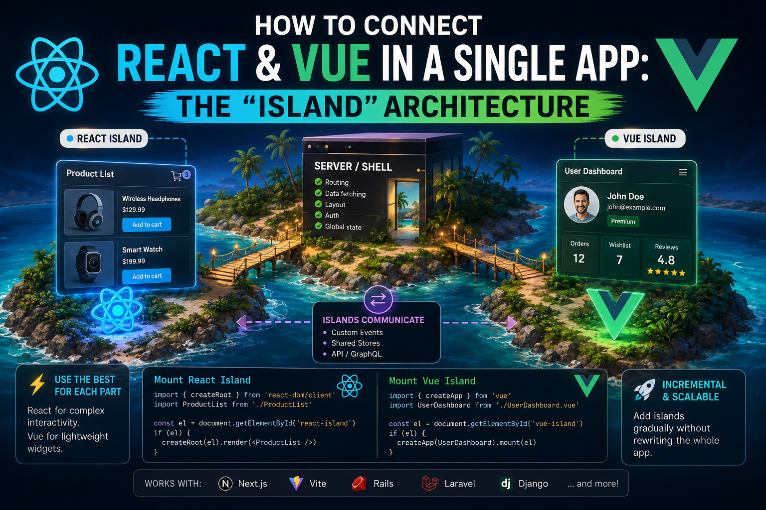 How to connect React and Vue in a single app: the "island" architecture