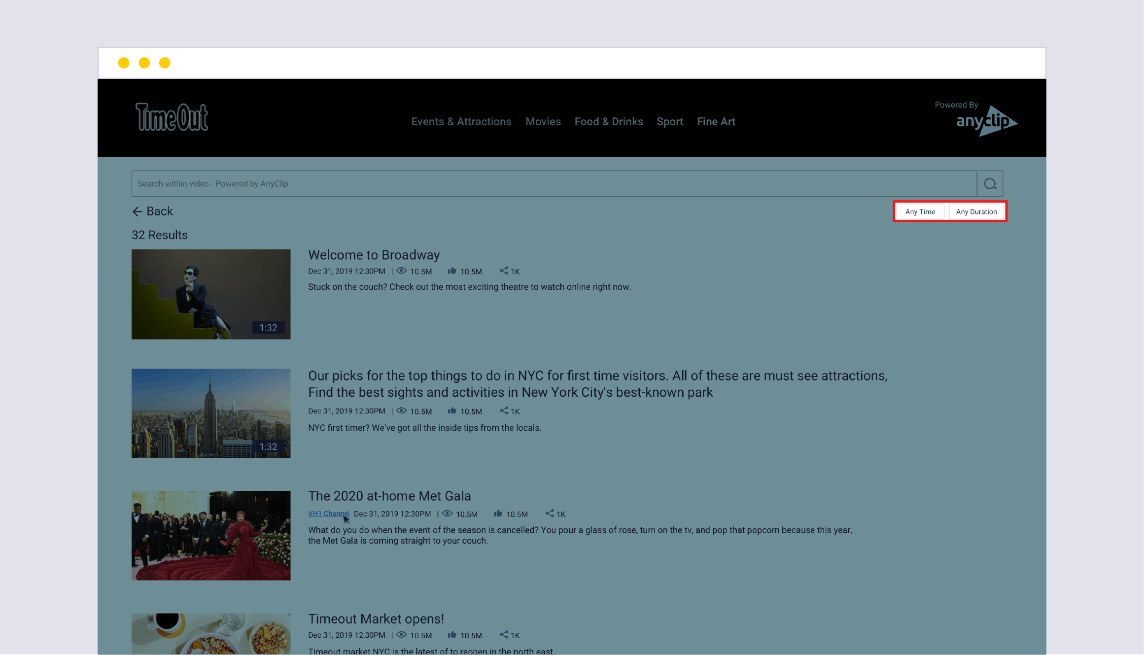 Luminous Watch search landing page with content sort options