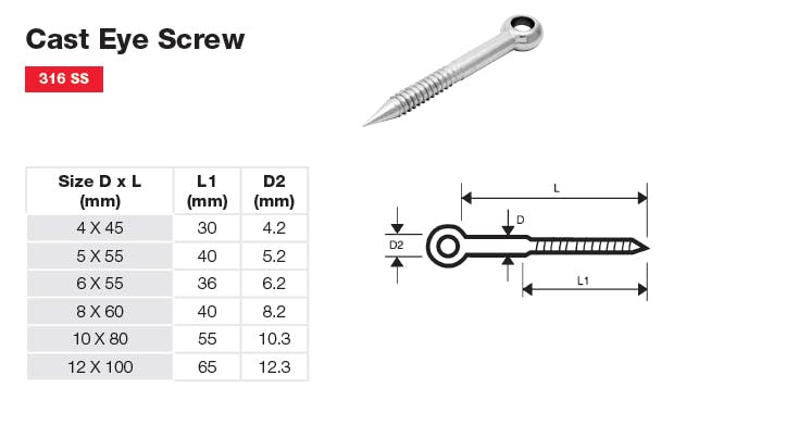 Stainless Steel Cast Eye Screw Dimensions