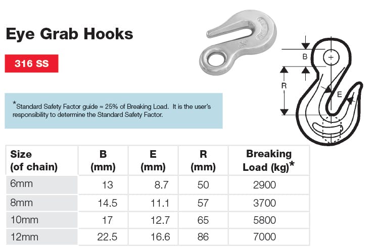 Stainless Steel Eye Grab Hook Dimensions and Loads