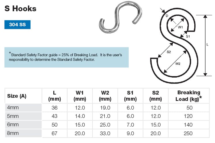 Stainless S Hook Dimensions