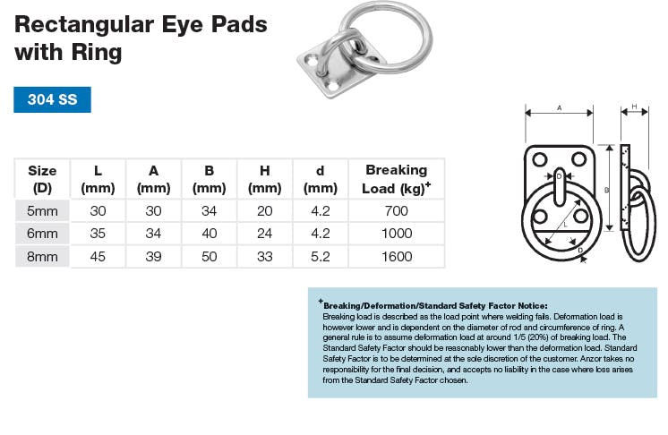 Stainless Steel Rectangle Eye Pad with Ring Dimensions