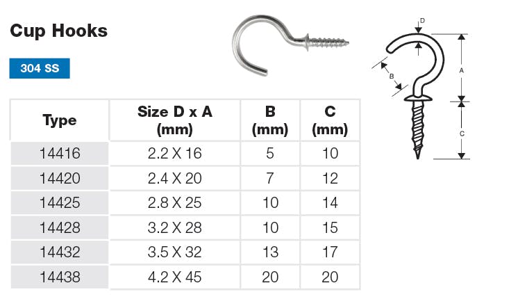 Stainless Steel Cup Hook Dimensions and Loads