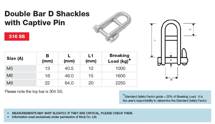 Double Bar D Shackles with Captive Pin Shackle Dimensions