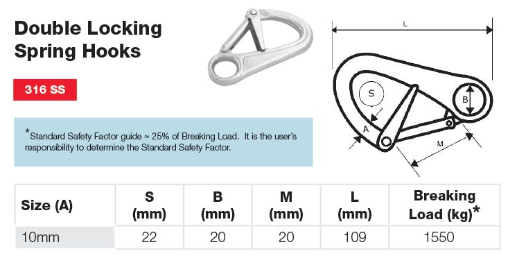 Stainless Double Locking Spring Hook Dimensions