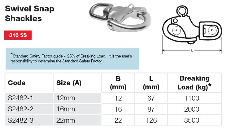 Stainless Steel Swivel Snap Shackle Dimensions and Loads